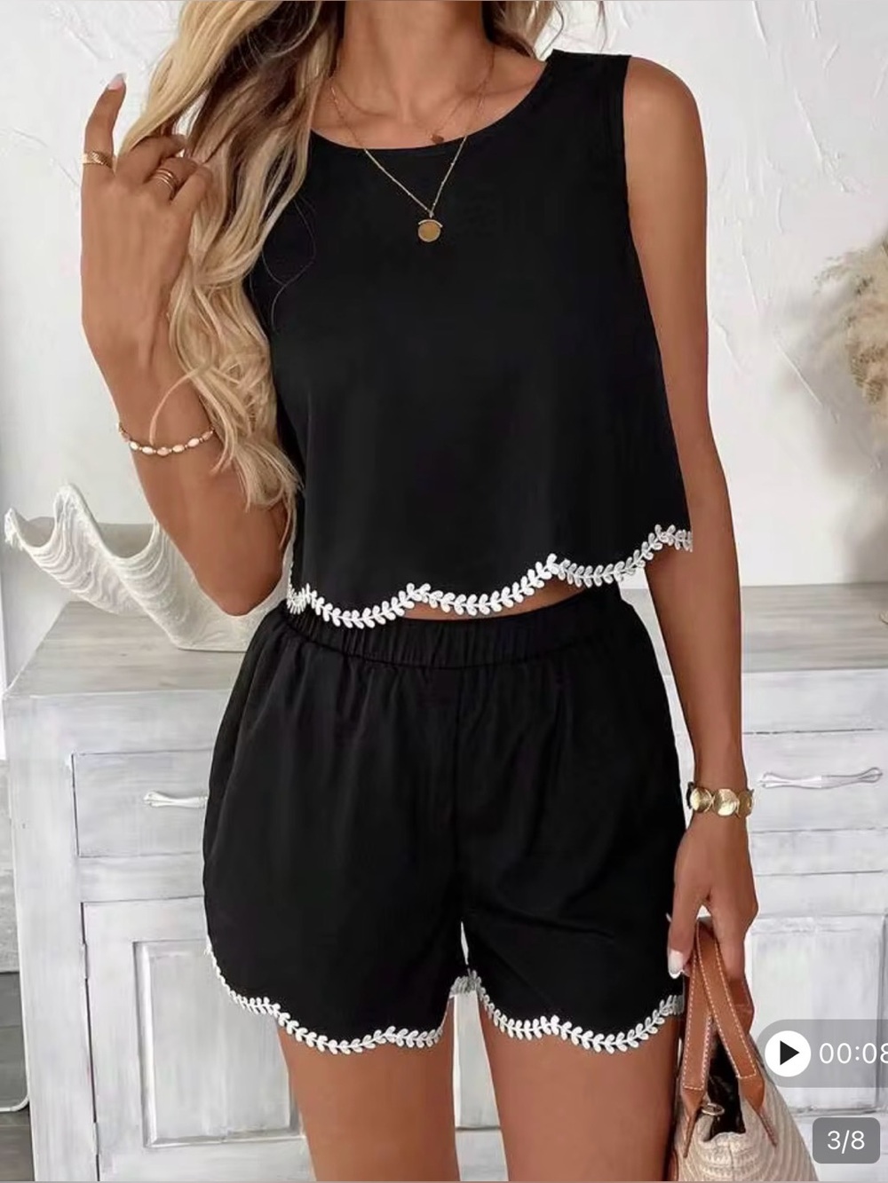 Two-Piece Set Shorts and Sleeveless Crop Top Black with White Sequin Trim SHEIN